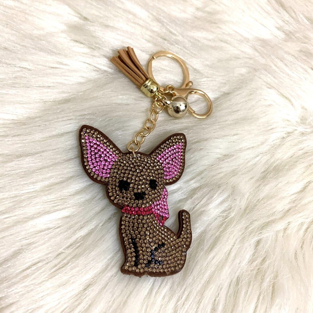 CHIHUAHUA Dog Key Ring Fob Clip on Plush Purse Charm Rhinestones Bling Brown - Picture 4 of 13